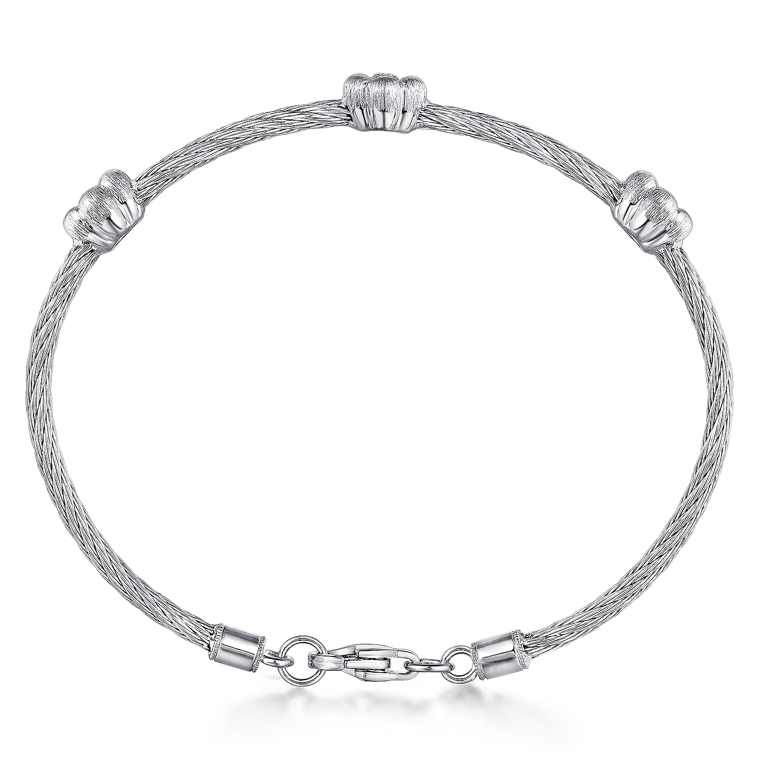Sterling Silver-Stainless Steel Twisted Cable Bangle with 3 Flower Cluster Diamond Stations