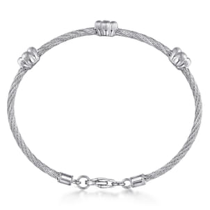 Sterling Silver-Stainless Steel Twisted Cable Bangle with 3 Flower Cluster Diamond Stations
