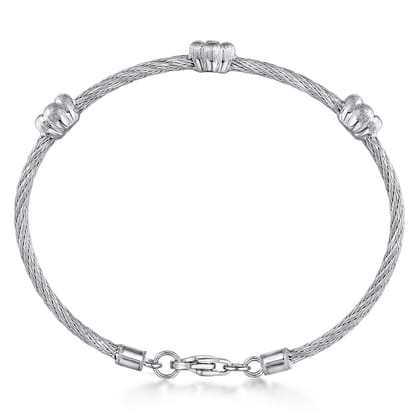 Sterling Silver-Stainless Steel Twisted Cable Bangle with 3 Flower Cluster Diamond Stations
