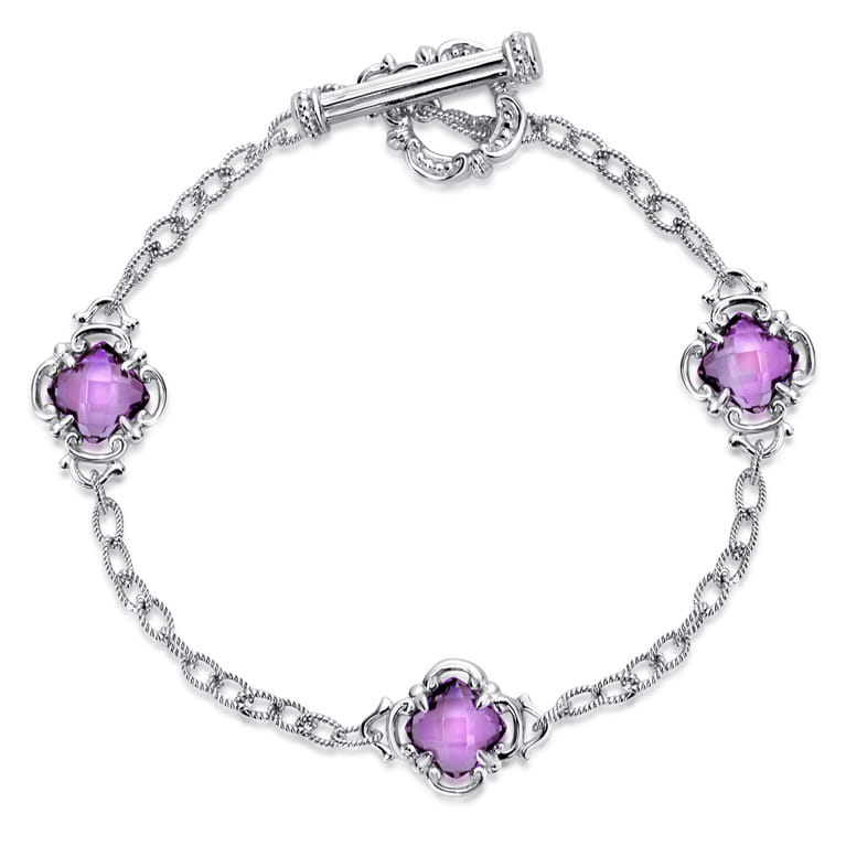 Sterling Silver Toggle Bracelet with Amethyst Clover Stations - Shot 1