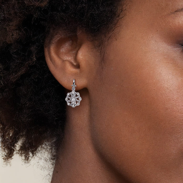 Sterling Silver White Sapphire Vintage Inspired Drop Earrings - Shot 2