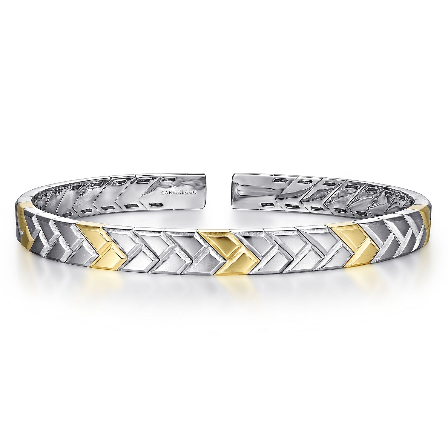 Sterling Silver and 14K Yellow Gold Open Herringbone Cuff Bangle