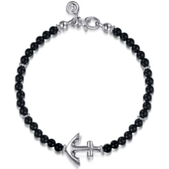 Sterling Silver and 4mm Onyx Beaded Bracelet with Anchor
