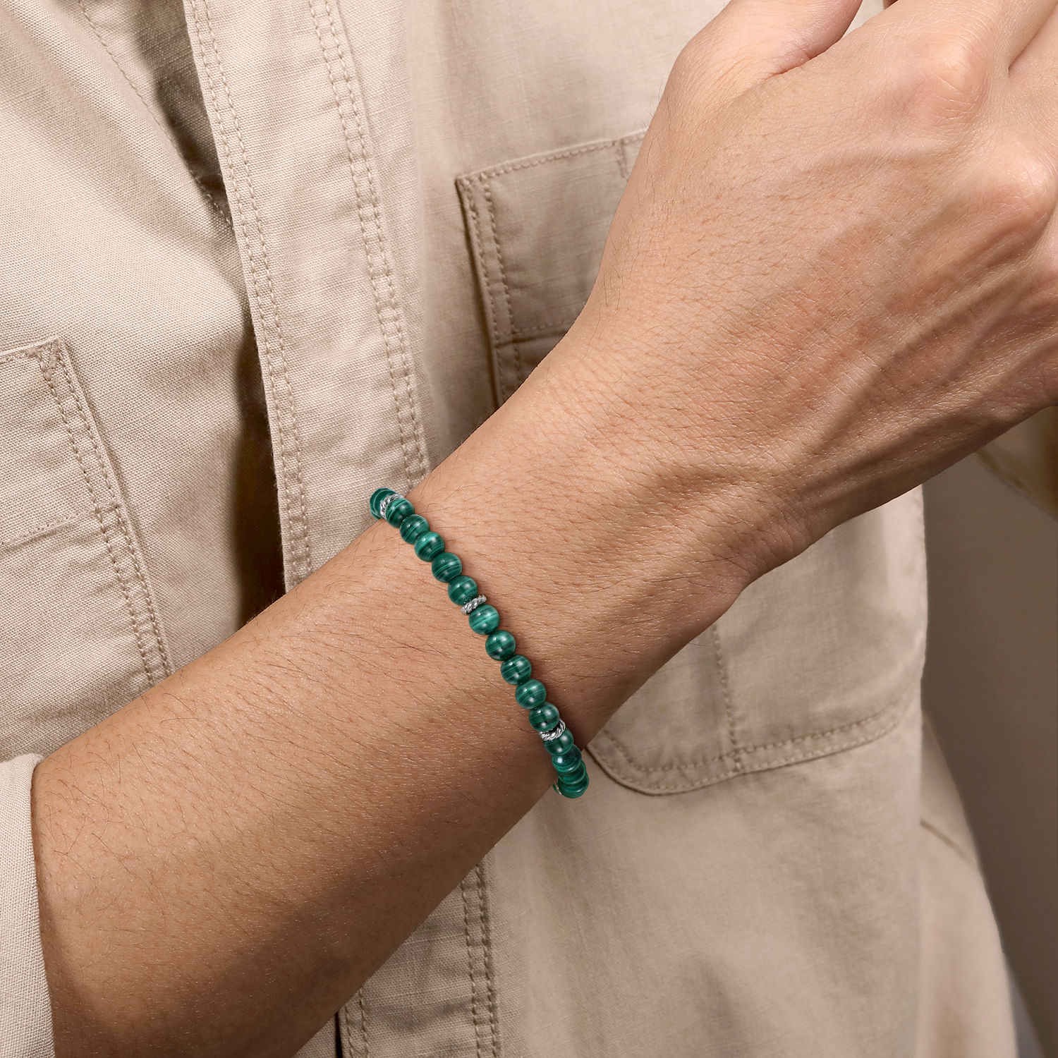Sterling Silver and 6mm Malachite Beaded Bracelet