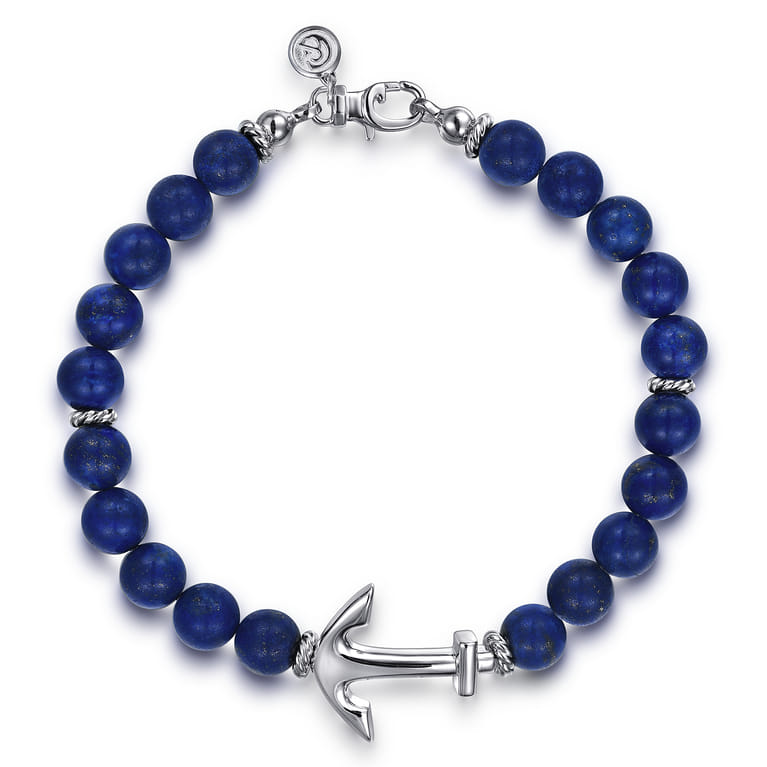 Sterling Silver and 8mm Lapis Beaded Bracelet with Anchor - Shot 1