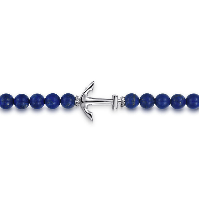 Sterling Silver and 8mm Lapis Beaded Bracelet with Anchor - Shot 2