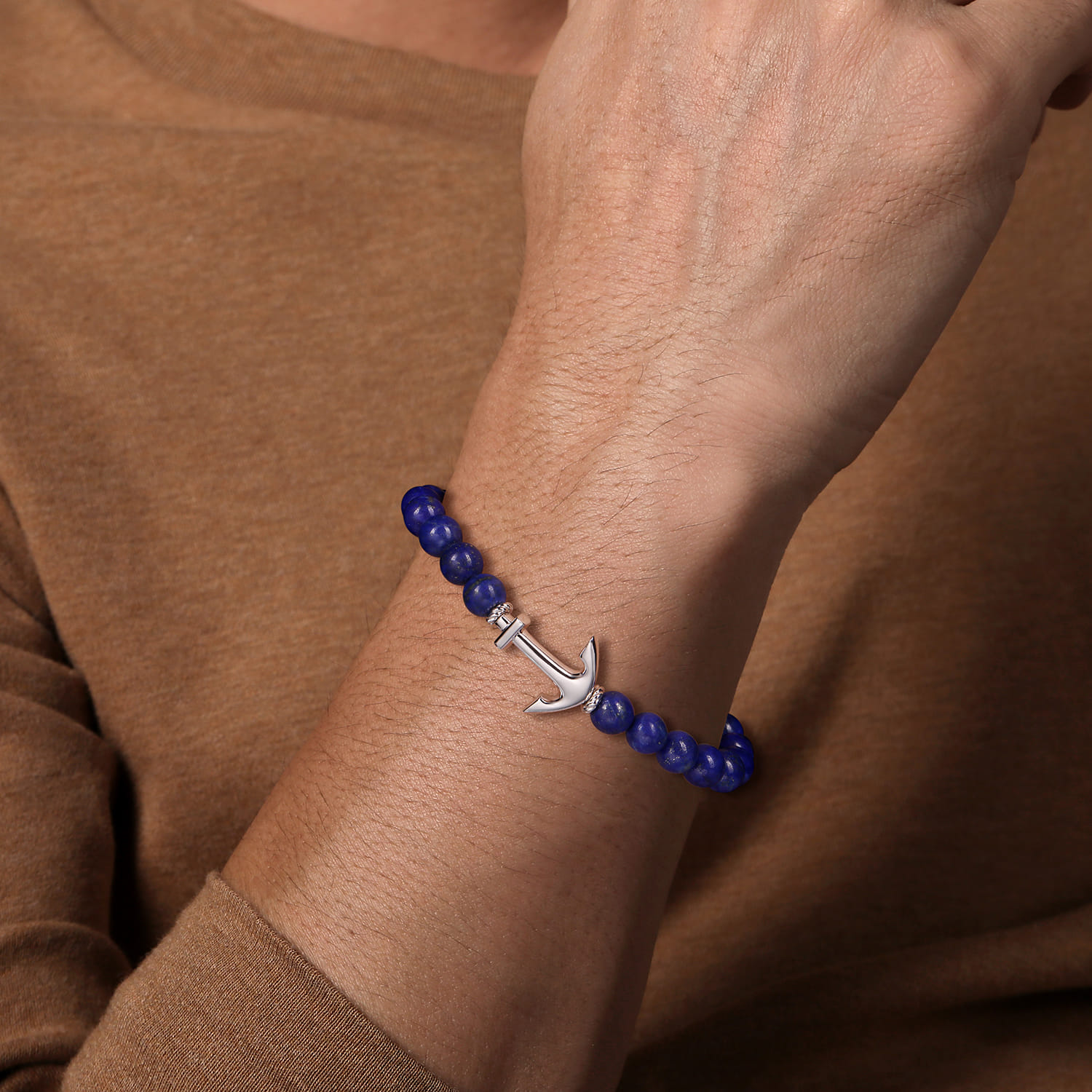Sterling Silver and 8mm Lapis Beaded Bracelet with Anchor - Shot 3