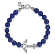 Sterling Silver and 8mm Lapis Beaded Bracelet with Anchor