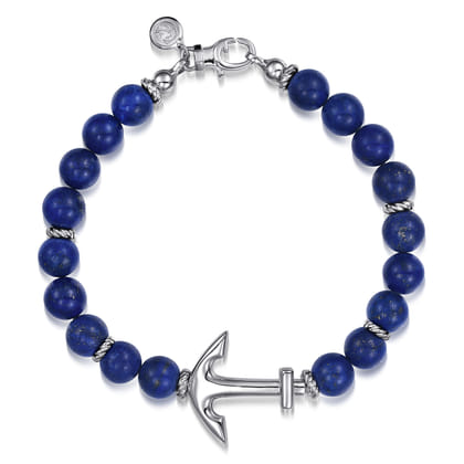 Sterling Silver and 8mm Lapis Beaded Bracelet with Anchor