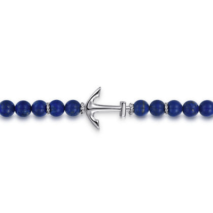 Sterling Silver and 8mm Lapis Beaded Bracelet with Anchor