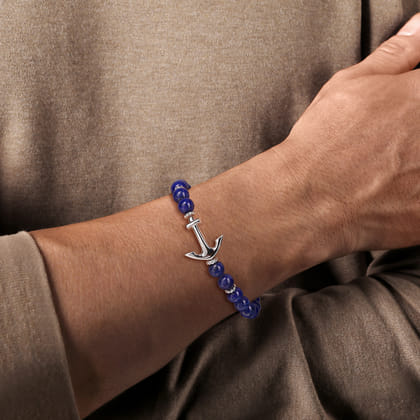 Sterling Silver and 8mm Lapis Beaded Bracelet with Anchor