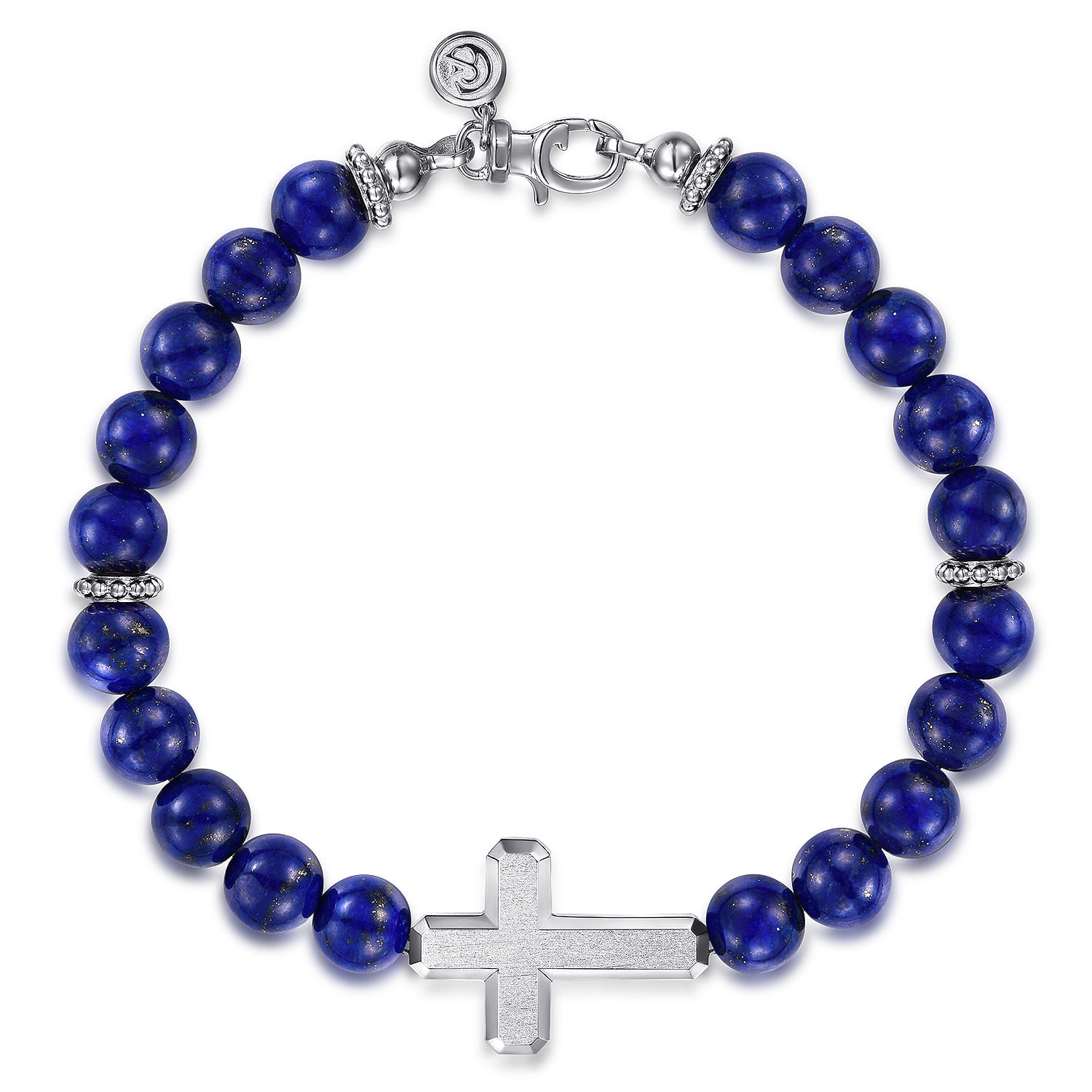 Sterling Silver and 8mm Lapis Beaded Bracelet with Cross - Shot 1