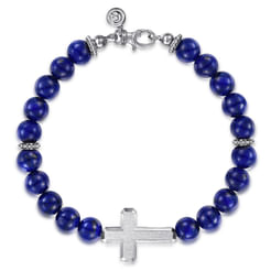 Sterling Silver and 8mm Lapis Beaded Bracelet with Cross