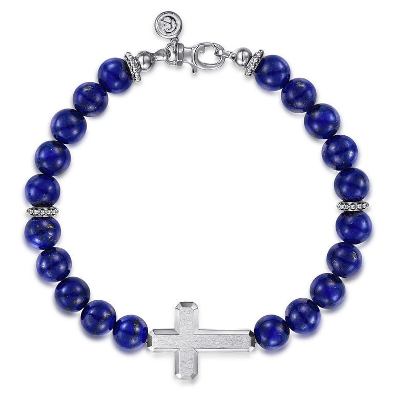 Sterling Silver and 8mm Lapis Beaded Bracelet with Cross - Shot 1