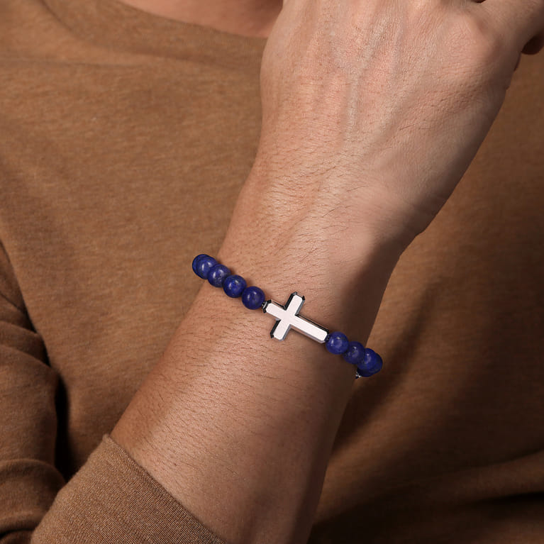 Sterling Silver and 8mm Lapis Beaded Bracelet with Cross - Shot 3