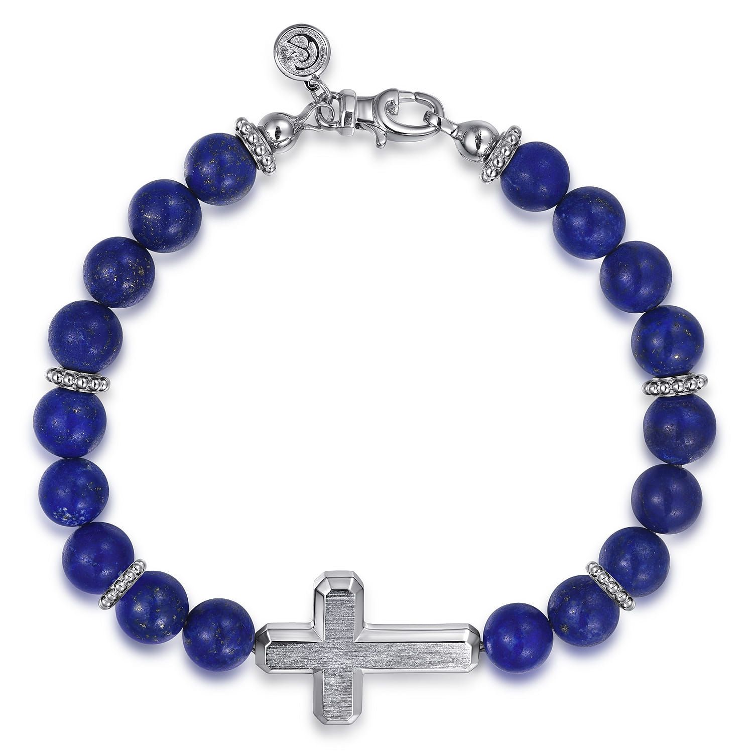 Sterling Silver and 8mm Lapis Beaded Bracelet with Cross - Shot 1