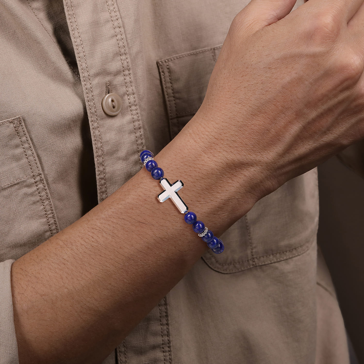 Sterling Silver and 8mm Lapis Beaded Bracelet with Cross - Shot 3