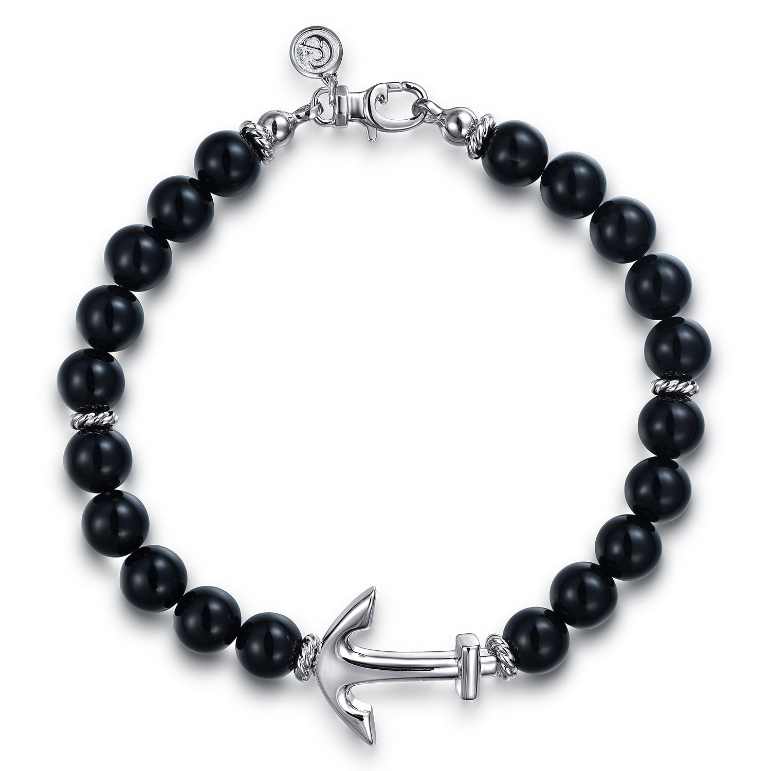 Sterling Silver and 8mm Onyx Beaded Bracelet with Anchor - Shot 1