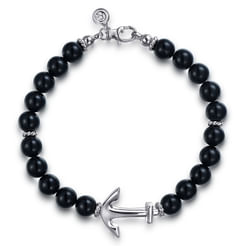Sterling Silver and 8mm Onyx Beaded Bracelet with Anchor