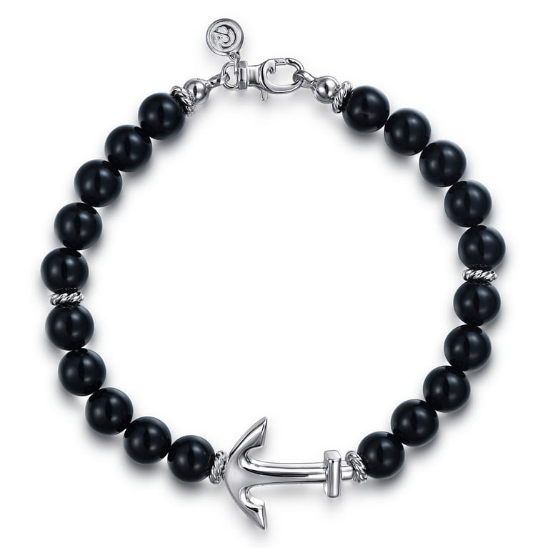 Sterling Silver and 8mm Onyx Beaded Bracelet with Anchor - Shot 1