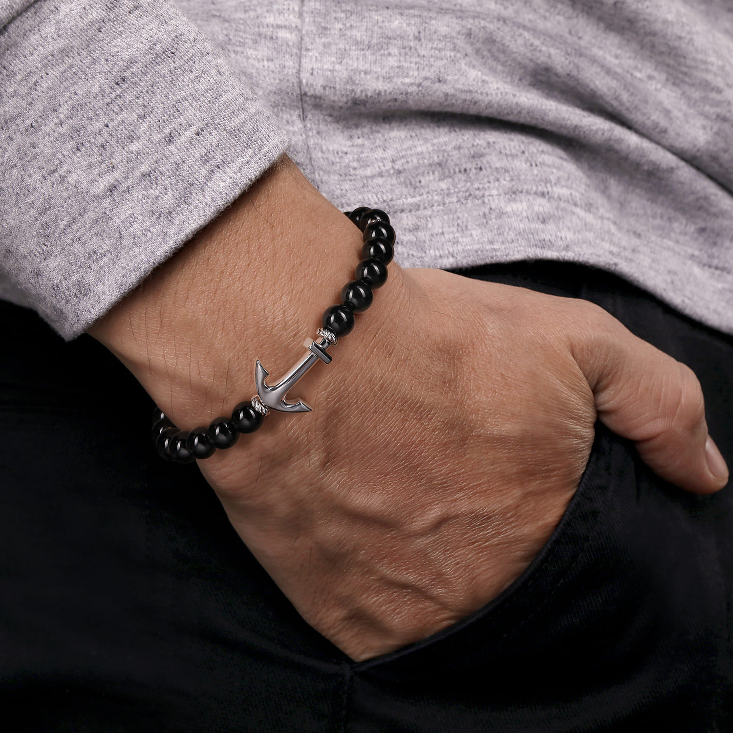 Sterling Silver and 8mm Onyx Beaded Bracelet with Anchor - Shot 3