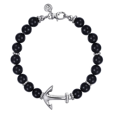 Sterling Silver and 8mm Onyx Beaded Bracelet with Anchor