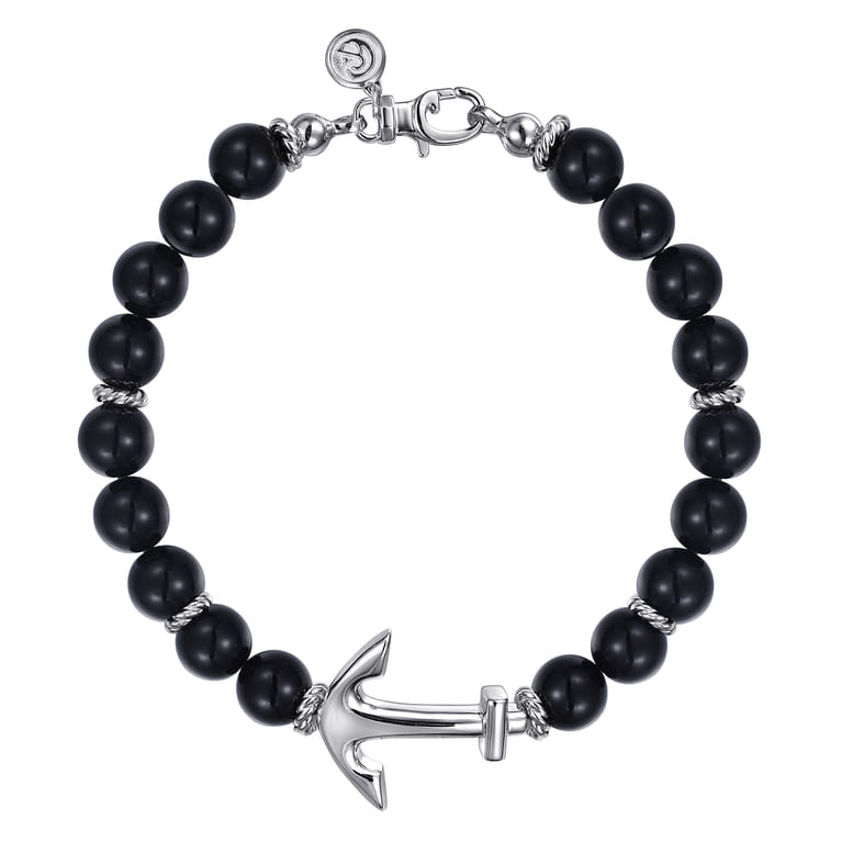Sterling Silver and 8mm Onyx Beaded Bracelet with Anchor - Shot 1