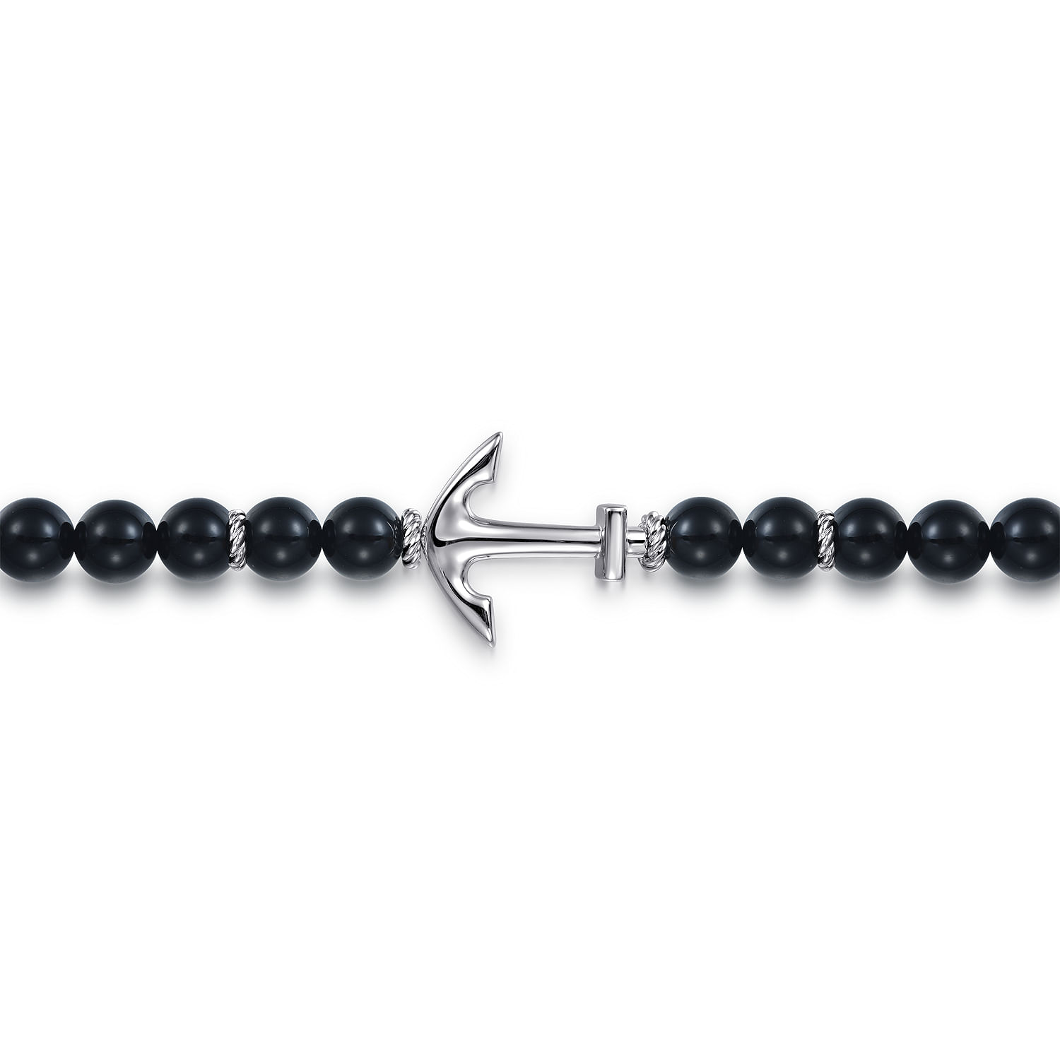 Sterling Silver and 8mm Onyx Beaded Bracelet with Anchor - Shot 2