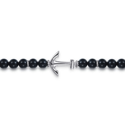 Sterling Silver and 8mm Onyx Beaded Bracelet with Anchor