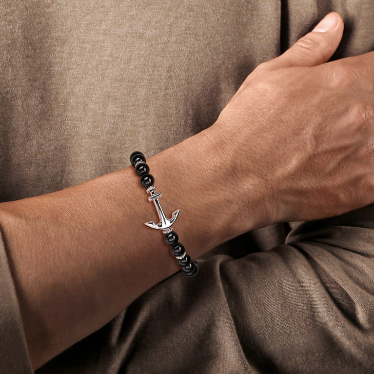 Sterling Silver and 8mm Onyx Beaded Bracelet with Anchor - Shot 3