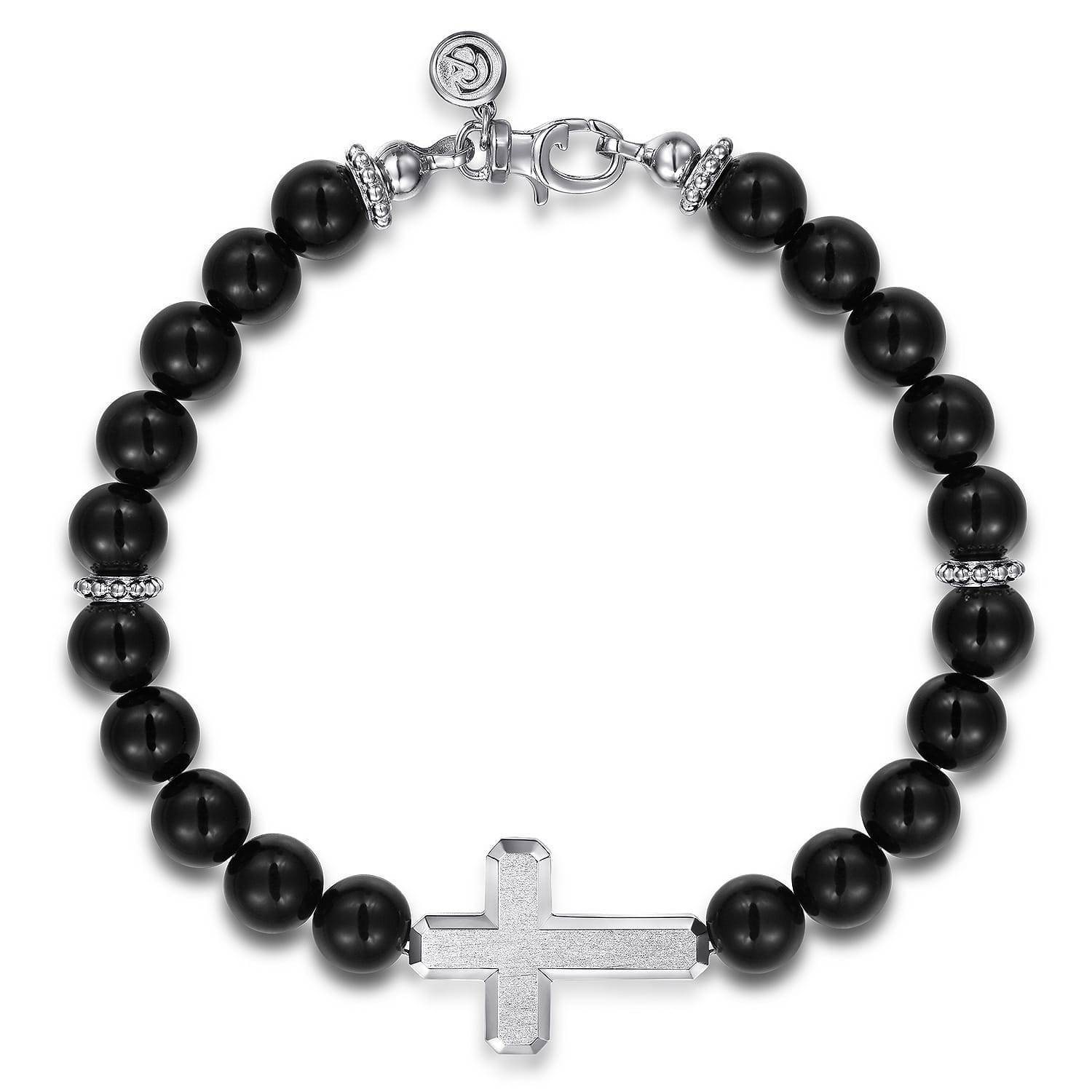 Sterling Silver and 8mm Onyx Beaded Bracelet with Cross - Shot 1