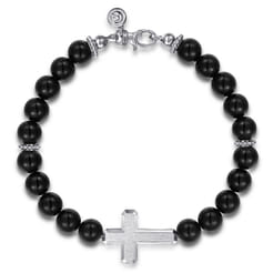Sterling Silver and 8mm Onyx Beaded Bracelet with Cross