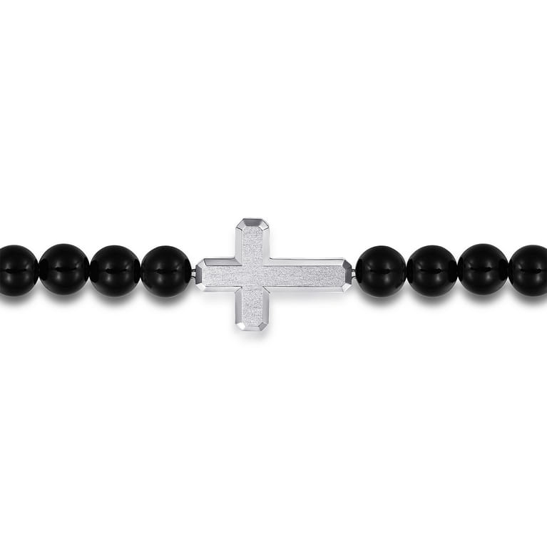 Sterling Silver and 8mm Onyx Beaded Bracelet with Cross - Shot 2