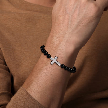 Sterling Silver and 8mm Onyx Beaded Bracelet with Cross