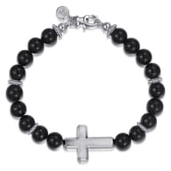 Sterling Silver and 8mm Onyx Beaded Bracelet with Cross