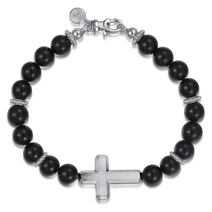 Sterling Silver and 8mm Onyx Beaded Bracelet with Cross