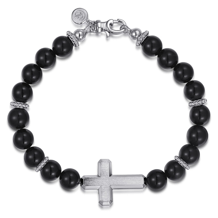 Sterling Silver and 8mm Onyx Beaded Bracelet with Cross - Shot 1