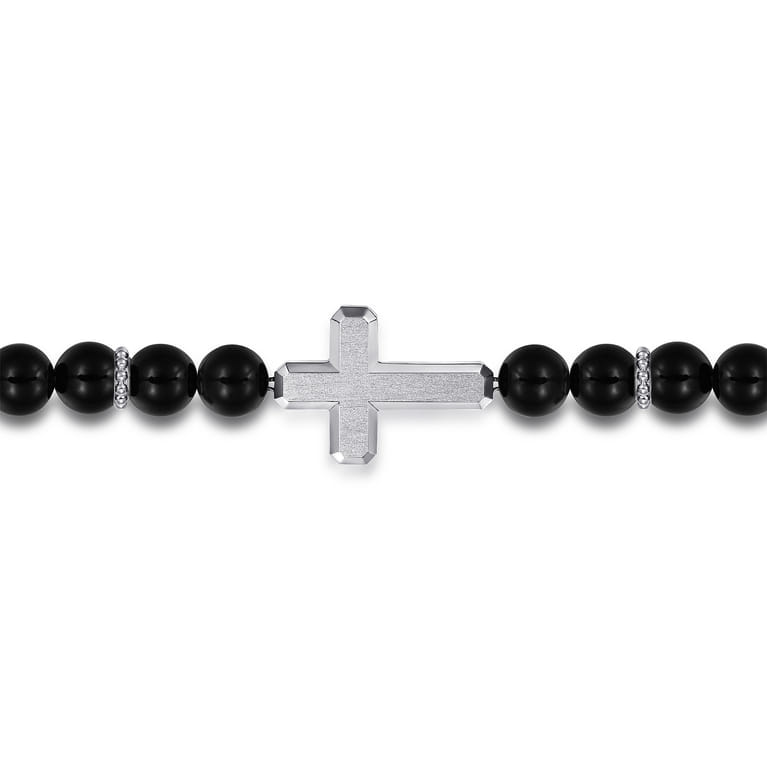 Sterling Silver and 8mm Onyx Beaded Bracelet with Cross - Shot 2