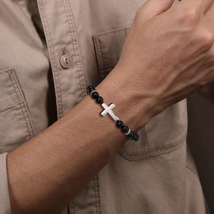 Sterling Silver and 8mm Onyx Beaded Bracelet with Cross