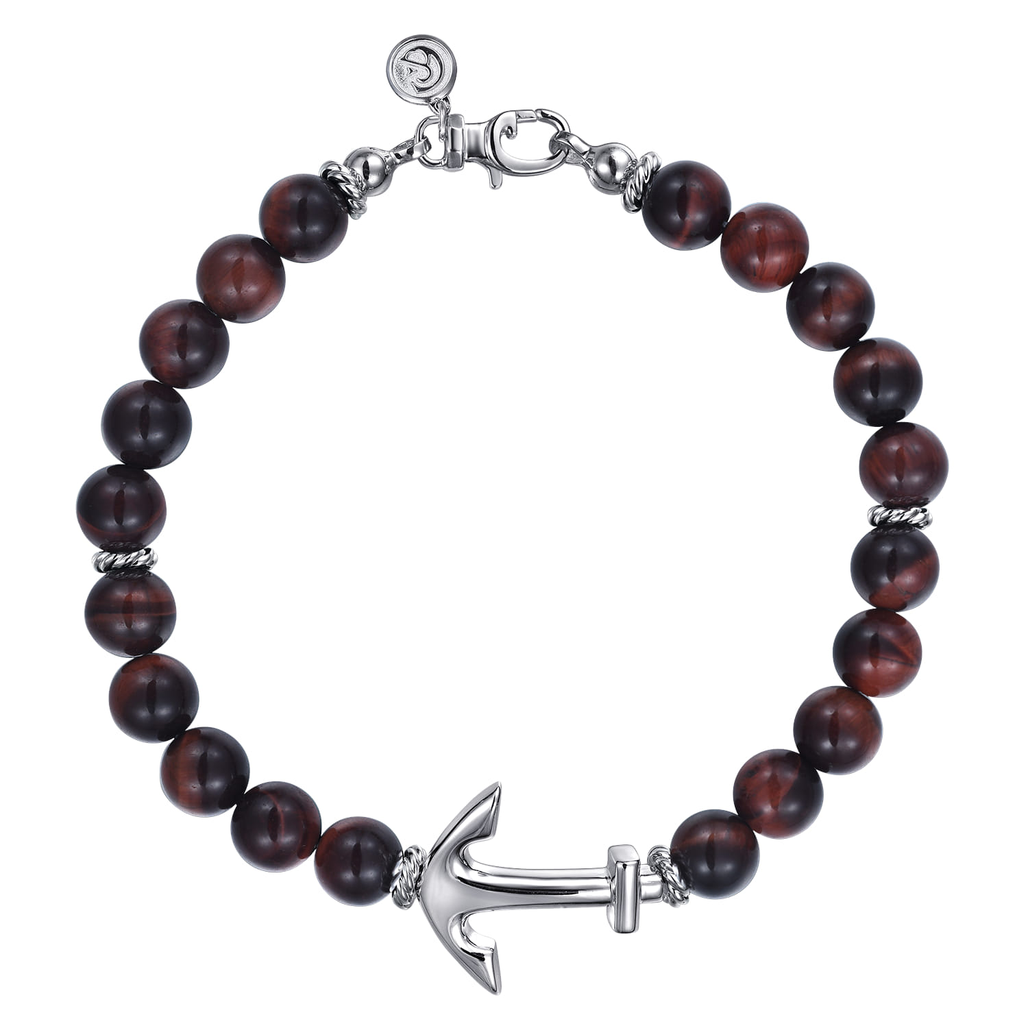 Sterling Silver and 8mm Tiger Eye Beaded Bracelet with Anchor - Shot 1