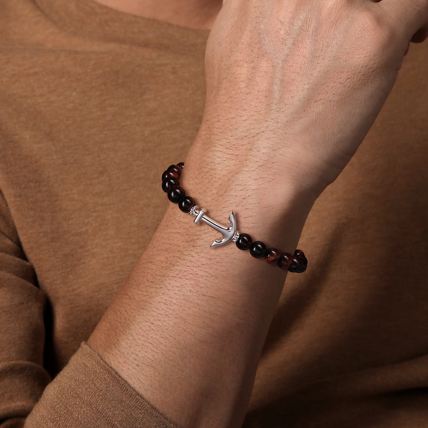 Sterling Silver and 8mm Tiger Eye Beaded Bracelet with Anchor - Shot 3