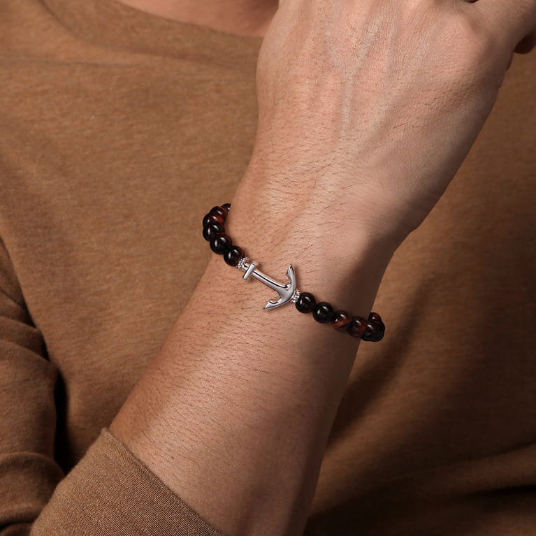 Sterling Silver and 8mm Tiger Eye Beaded Bracelet with Anchor - Shot 3