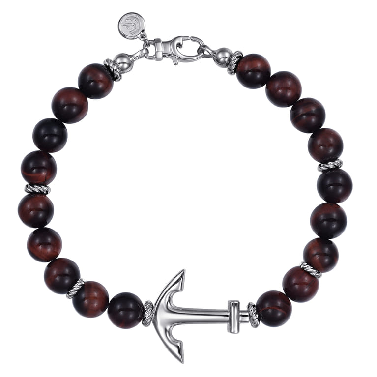 Sterling Silver and 8mm Tiger Eye Beaded Bracelet with Anchor - Shot 1