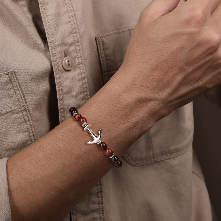 Sterling Silver and 8mm Tiger Eye Beaded Bracelet with Anchor - Shot 3