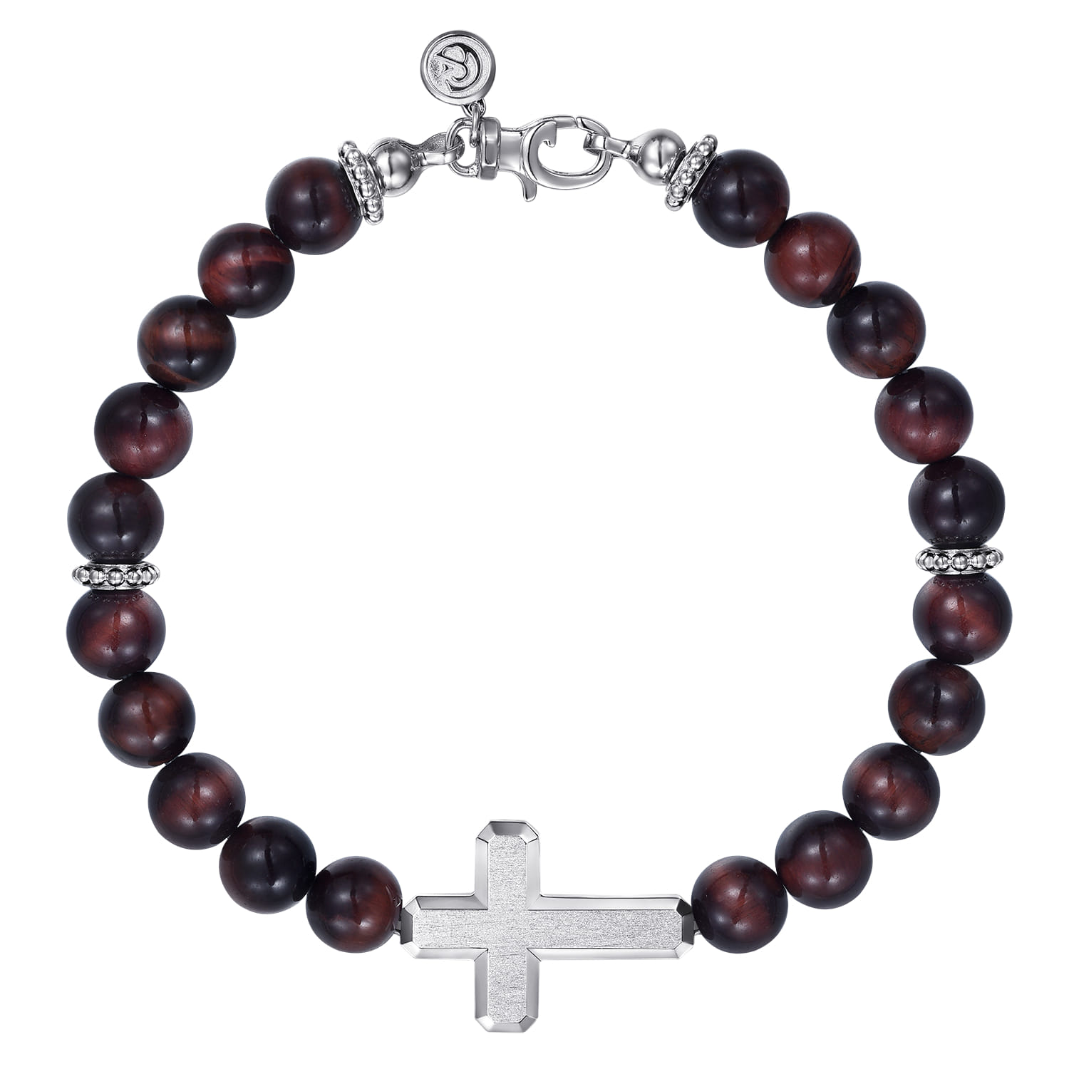Sterling Silver and 8mm Tiger Eye Beaded Bracelet with Cross - Shot 1