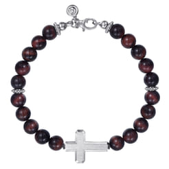 Sterling Silver and 8mm Tiger Eye Beaded Bracelet with Cross