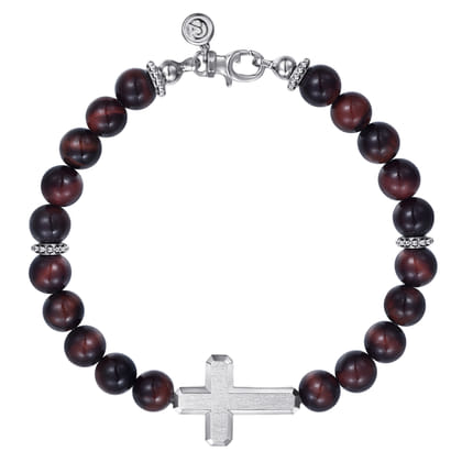 Sterling Silver and 8mm Tiger Eye Beaded Bracelet with Cross