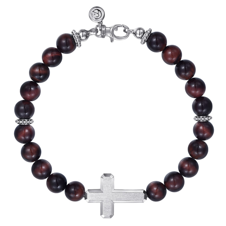 Sterling Silver and 8mm Tiger Eye Beaded Bracelet with Cross - Shot 1