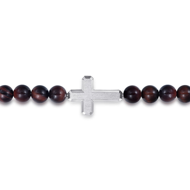 Sterling Silver and 8mm Tiger Eye Beaded Bracelet with Cross - Shot 2