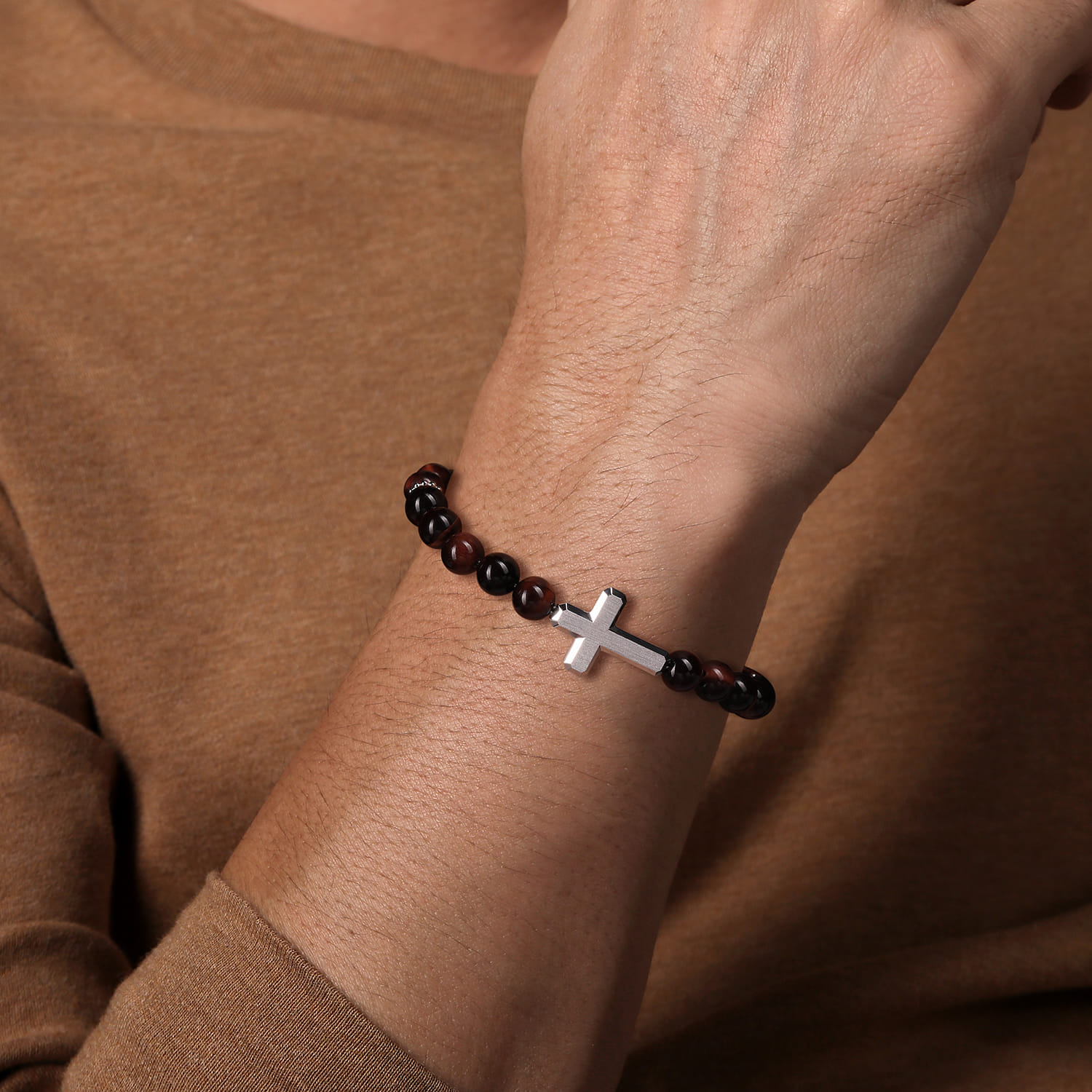 Sterling Silver and 8mm Tiger Eye Beaded Bracelet with Cross - Shot 3